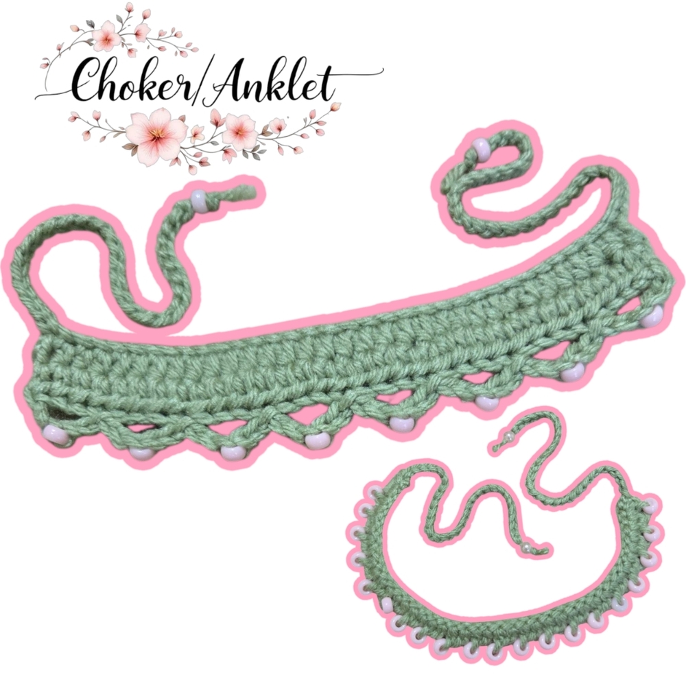 Light Green/Pink Beading Crochet Choker/Anklet Set, Handmadebyme, Y2K Asthetic